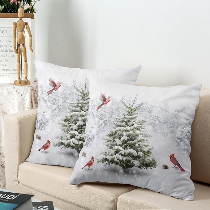 Winter Throw Pillow Covers 18X18 Snowy Natural Forest Decorative Pillow Case Set of 2 Green Pine Tree with Cardinal Birds Cushion Case for Couch Living Room Patio
