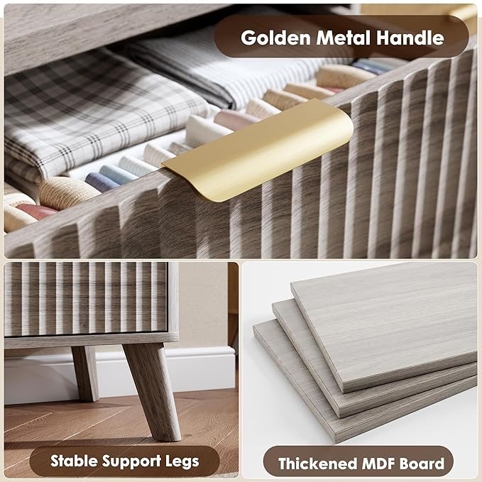 Garvee 6 Drawers Dresser for Bedroom, 47.2" Wide Dressers with Curved Profile Design, Fluted Wood Drawers with Gold Handle, Modern Chest of Dressers with Thickened Design for Living Room, Grey