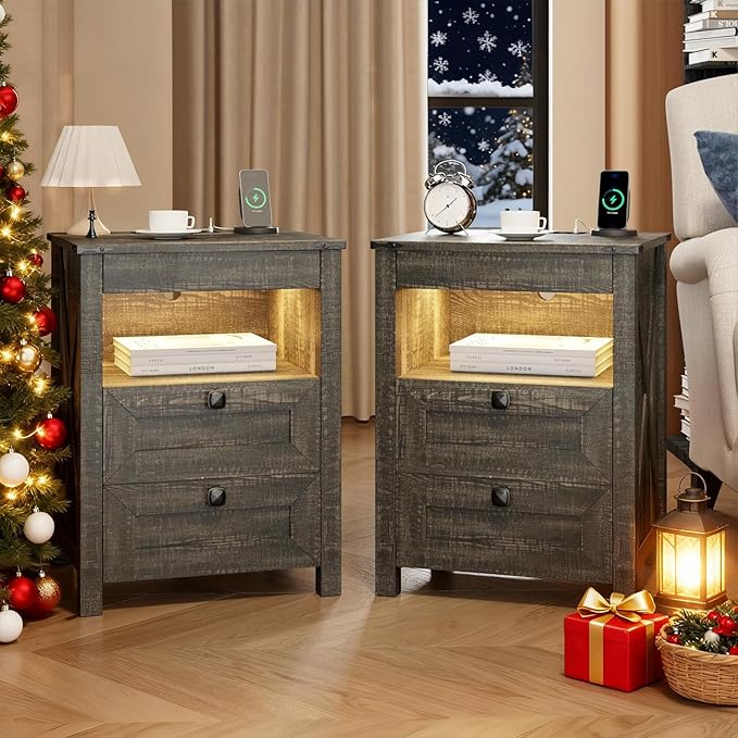 Nightstands Set of 2 with Gun Drawer, Farmhouse Bedside Table with Charging Station, Gun Night Stand with LED Light & Human Sensor, Smart End Table for Bedroom, Rustic Brown