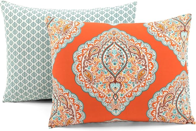 Lush Decor Harley Reversible Cotton Duvet Cover Queen Size 3 Piece Set Full/Queen Tangerine - Boho Bedding Set Queen Duvet Covers - Boho Bedroom Decor