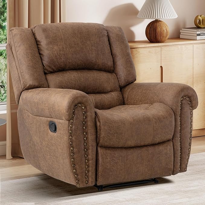EBELLO Faux Leather Manual Recliner Chair, Classic Single Reclining Chair with Comfortable Armrest and Backrest, Furniture for Living Room, Bedroom, Brown