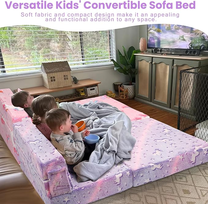 MeMoreCool Foldable Futon Chair Bed for Kids, Glow Tri-Fold Sofa Bed Convertible Toddler Sofa Mattress, Foam Floor Couch for Sitting, Purple