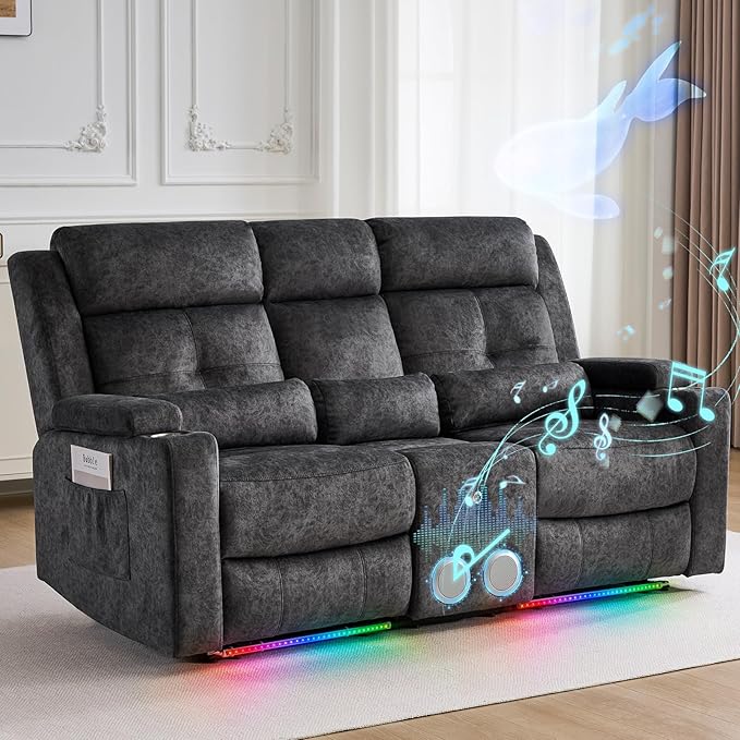 RV Power Loveseat Recliner Sofa with Console|RV Reclining Loveseat with Bluetooth Speaker & LED Light | RV Wall Hugger Double Recliner Loveseat Sofa 3 Pillows (Velvet Gray) | LED Light, Double Seat, Hidden Storage, Comfy Velvet