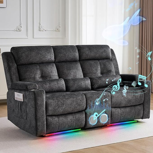 RV Power Loveseat Recliner Sofa with Console|RV Reclining Loveseat with Bluetooth Speaker & LED Light | RV Wall Hugger Double Recliner Loveseat Sofa 3 Pillows (Velvet Gray) | LED Light, Double Seat, Hidden Storage, Comfy Velvet