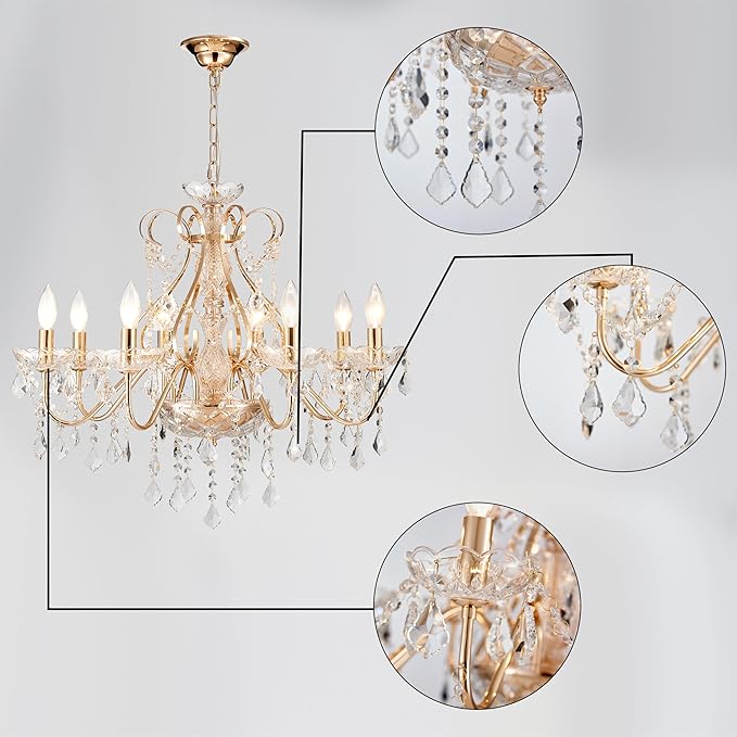 Saint Mossi Gold Crystal Chandelier for Dining Room, 8-Light Modern Chandelier Pendant Light, Gold Crystal Raindrop Chandelier for Bedroom, Living Room, Foyer