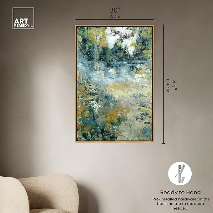 Art Remedy Green Moss Monet Garden Green Abstract Canvas Wall Art, Gold Floater Frame, 30"x45"