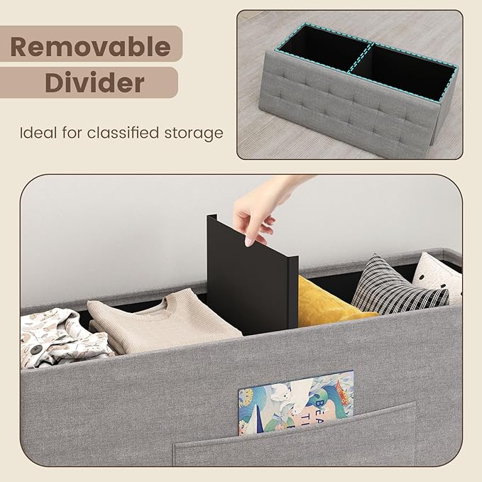 Giantex Storage Ottoman Bench, 43"L Folding Foot Rest Storage Chest with Side Pocket, Divider, Padded Seat Shoe Bench for Living Room Bedroom Hallway Entryway End of Bed (Light Gray)