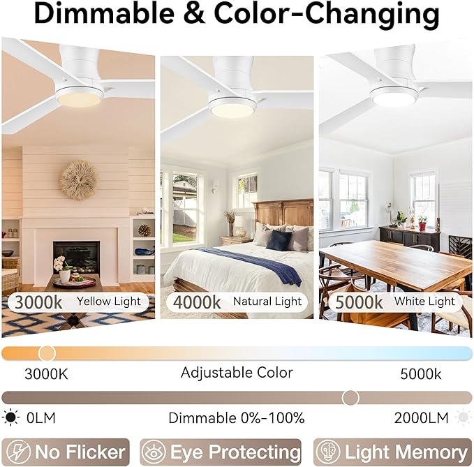 52inch Smart Ceiling Fans with Lights,Low Profile White Wood Ceiling Fans,Remote/APP/Alexa Control,Modern Flush Mount Ceiling fan,Outdoor Indoor for Bedroom Living room Patio,3 Blade,Dimmable,Quiet
