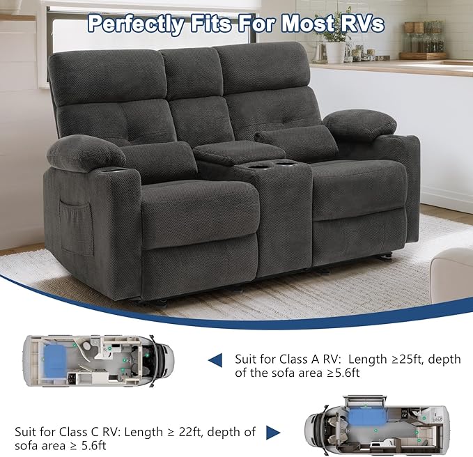 68'' RV Power Reclining Loveseat with Heat and Massage| RV Loveseat Recliner Sofa with Console| Double Reclining Couch with Cup Holder | Loveseat ReclinerTheater Seating(Fabric,Gray) | Double Seat, Electric Recliner