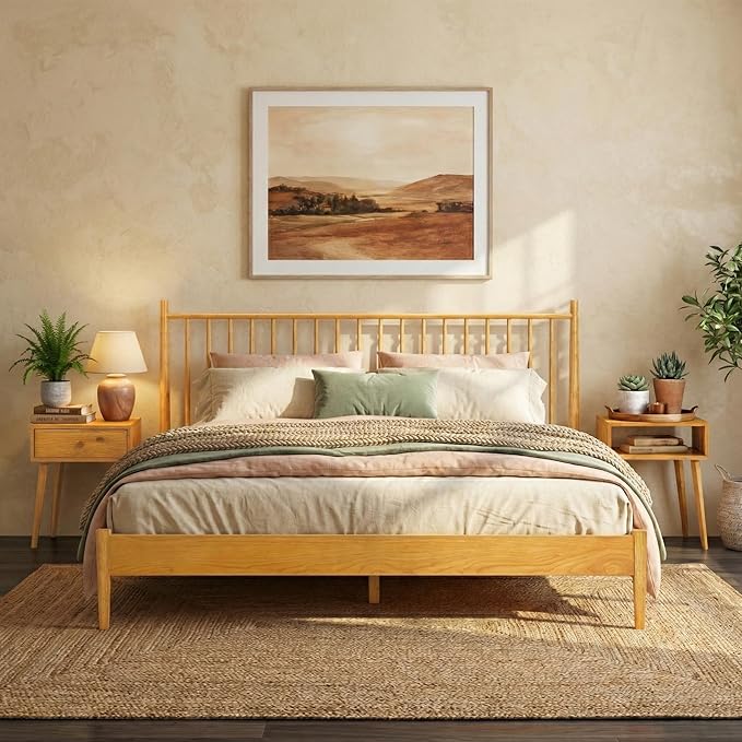 NTC Inno Wooden Bed Frame with Headboard, Solid Oak and Rubber Wood Foundation with Silent Slats and Wood Central Supports, 1000 Lb Capacity, Effortless Assembly, Queen Rustic - Oak