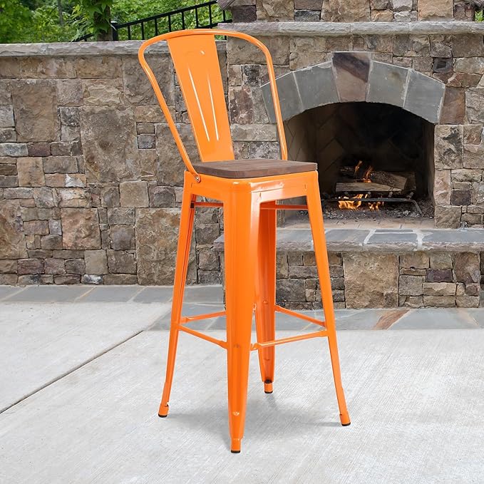 Flash Furniture Commercial Grade 30" High Orange Metal Indoor-Outdoor Barstool with Removable Back