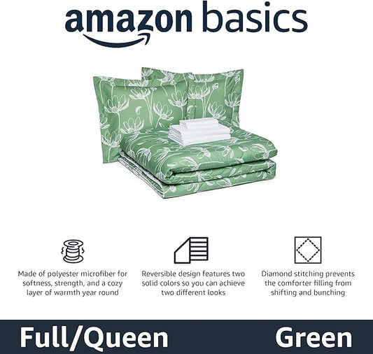 Amazon Basics Lightweight Microfiber Comforter Sets, 7 Pieces, Full/Queen, Green Floral