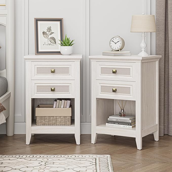 RoyalCraft Rattan Nightstand Set of 2, Boho Bedside Table with 2 Rattan Decor Drawers, Wood Accent End Table with Open Storage Shelf for Bedroom, Home Office, Grayish White