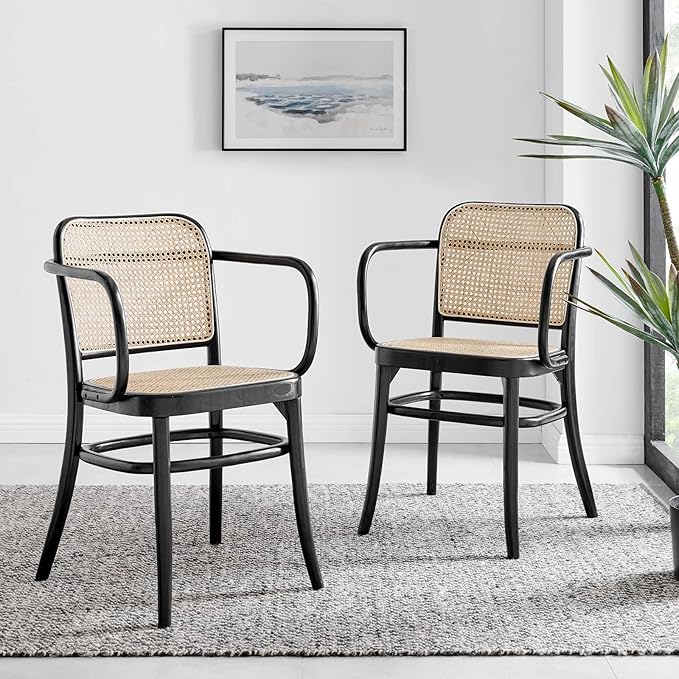 Modway Winona Elm Wood Cane Rattan Seat, Dining Chair - Set of 2, Black