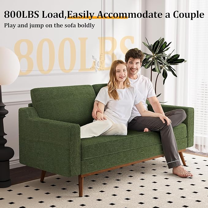 Vipbear 65.4" Loveseat Sofa Green Corduroy Couch, Mid-Century Modern Small Couches for Living Room, Bedroom, Office, Comfy Sofa with Spring Cushion, Solid Wood Frame, Tool-Free Assembly