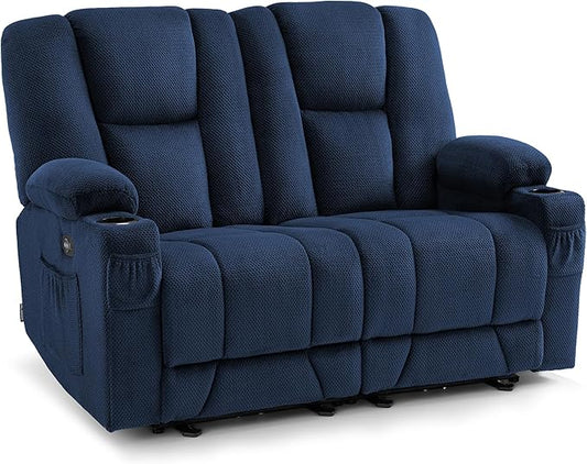 MCombo Zero Gravity Power Loveseat Sofa, Heat and Massage, Reclining Loveseat for Living Room, Fabric 6035SET (Navy Blue, Loveseat)