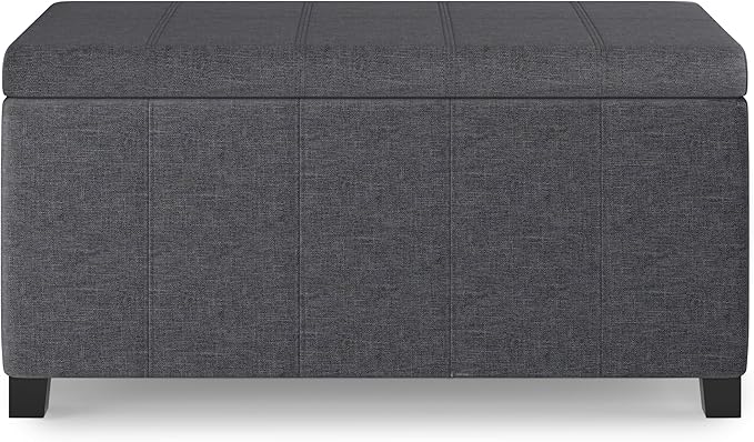 SIMPLIHOME Dover Storage Ottoman Bench - 36 inch Wide Upholstered Linen Look Fabric Rectangular Lift-Top Ottoman in Slate Grey, Contemporary Bench for Living Room with Safety Hinges