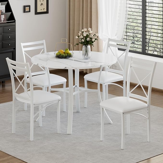 VECELO 5 Piece Dining Table Set for 4 with Chairs, Faux Marble Tabletop, Small Space, Kitchen, Breakfast Nook, White