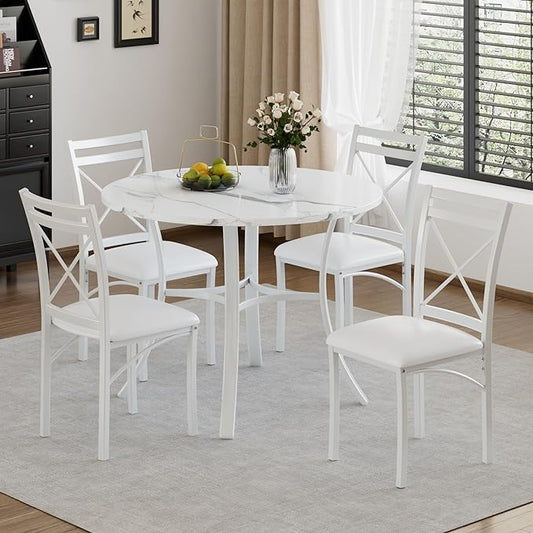 VECELO 5 Piece Dining Table Set for 4 with Chairs, Faux Marble Tabletop, Small Space, Kitchen, Breakfast Nook, White