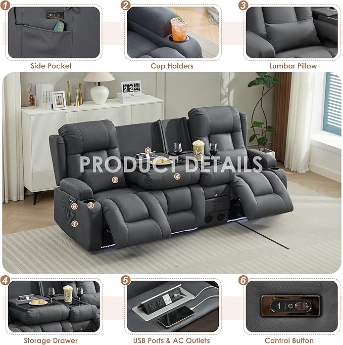 TUNYI Wall Hugger Loveseat Recliner Sofa with Console, Power Reclining Loveseat RV Couch with Massage & Heat/USB/Outlet/Storage/LED Light/Speaker (Blue, 4 Seat)
