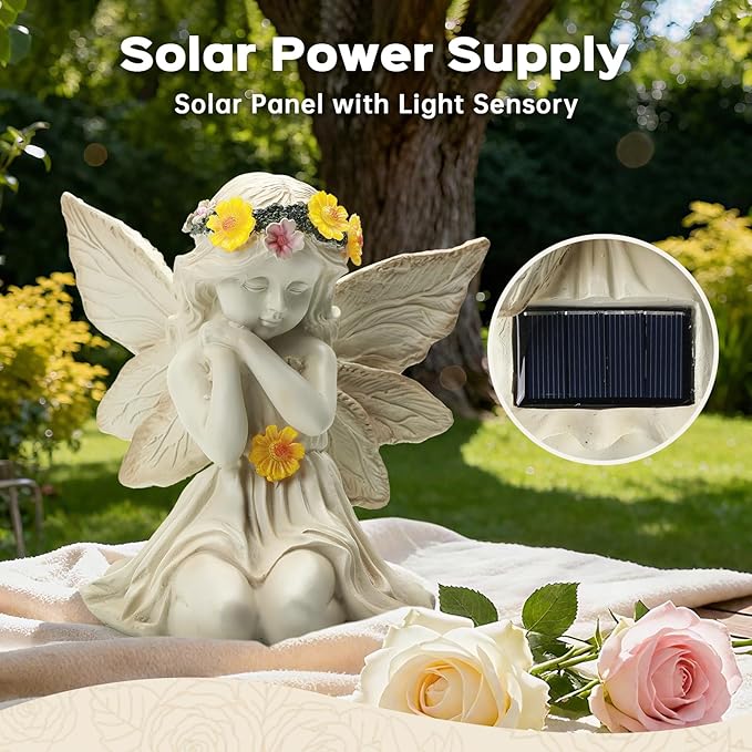 Solar Angel Garden Statue Outdoor Decor, Angel Figurines with LED Light Yard Decorations for Patio, Balcony, Lawn Ornaments, Unique House Warming Birthday Gifts for Women, Mom, Grandma