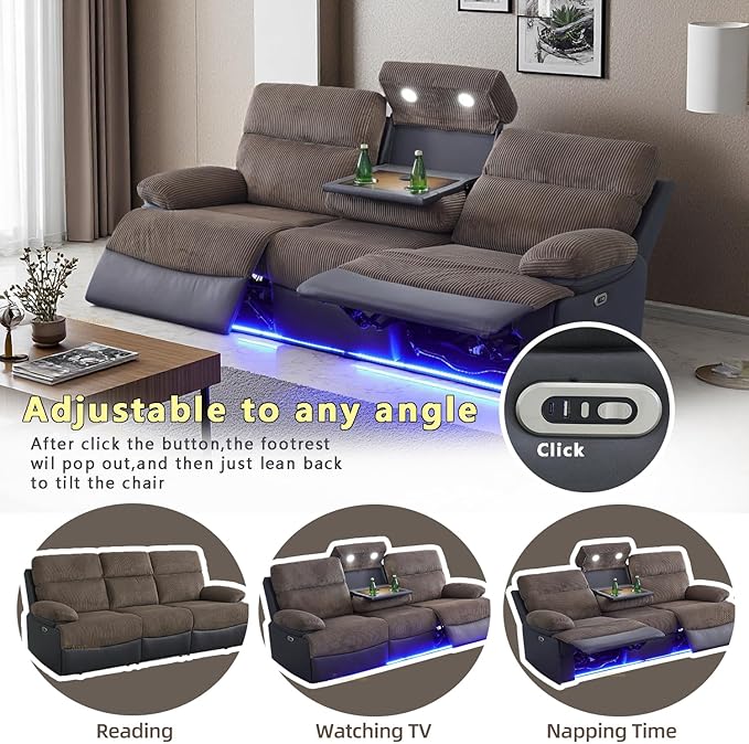 A Ainehome Power Recliner Sofa with LED Light, Living Room Furniture Sets, Power Reclining Sectional Sofa Couches for Living Room/Office/RV with USB Port/Hidden Storage