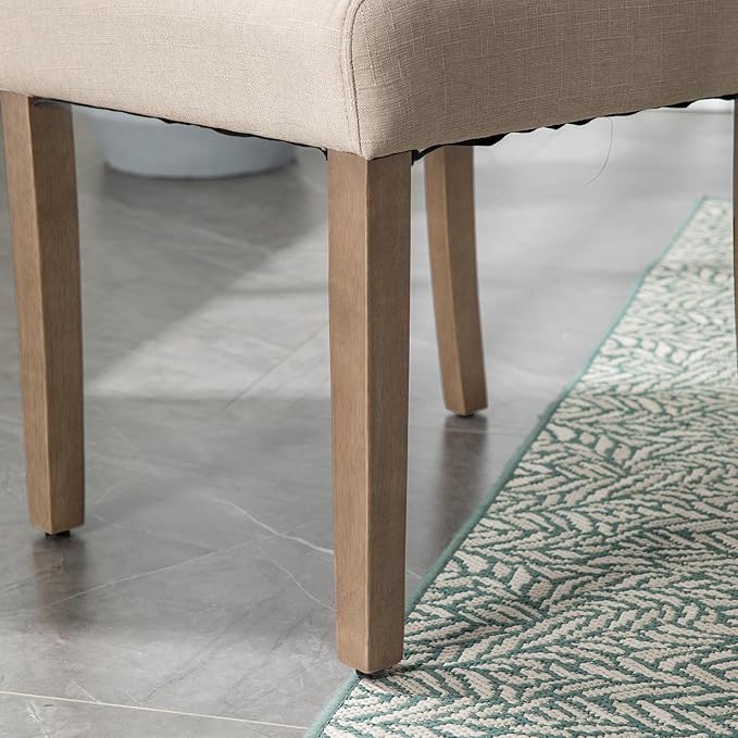 Upholstered Dining Chair Modern Stylish Parsons Kitchen Diner High Back with Silver Nailhead Trim & Wood Legs, Set of 6, Fabric Beige