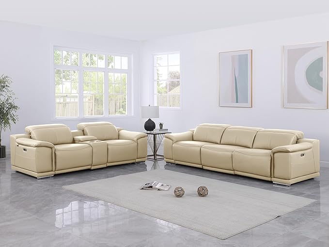 Blackjack Furniture Venice Top Grain Italian Leather Power Recline 6 Piece 5 Seater Sofa - 107" Theater Seating Modern Couch for Living Room Apartment with Adjustable Headrests & USB Port, Beige