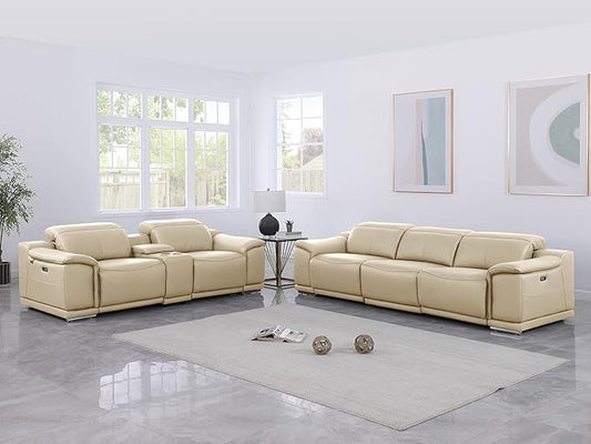 Blackjack Furniture Venice Top Grain Italian Leather Power Recline 6 Piece 5 Seater Sofa - 107" Theater Seating Modern Couch for Living Room Apartment with Adjustable Headrests & USB Port, Beige