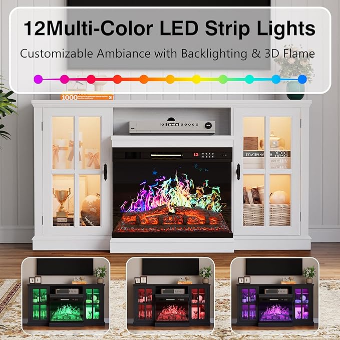 YESHOMY Glass Fireplace TV Stand for Televisions up to 65", Media Entertainment Center Console Table with Led Lights, White Wash