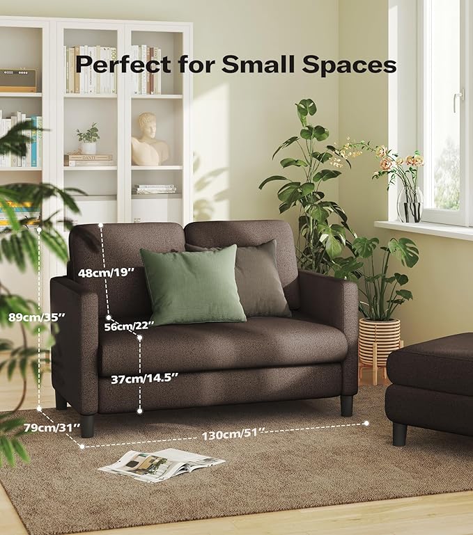 Welzona Loveseat, 51" Small Couch, Comfy Teddy Love Seat for Living Room, Tool-Free Setup Loveseat Sofa for Small Spaces, All-Wood Small Sofa Couch for Bedroom, No Pillow Included, Brown