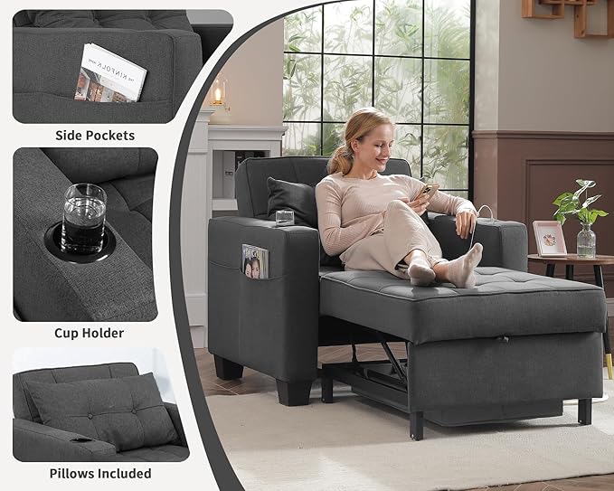 DURASPACE Pull Out Sofa Bed 3-in-1 Convertible Sofa Sleeper Chair Bed with USB, Cup Holder, Adjustable Armchair Beds for Small Spaces, Apartment, Living Room, Office (Dark Gray Linen)