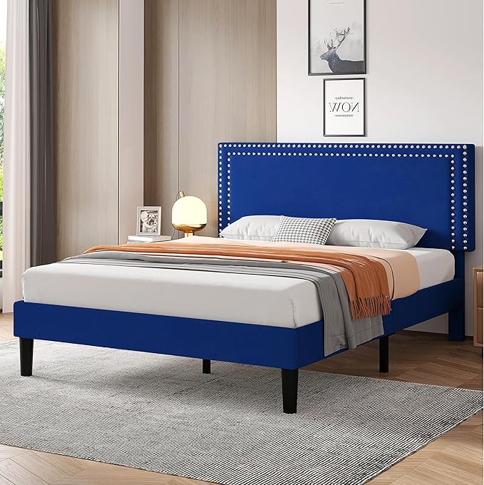 VECELO Full Size Bed Frame with Adjustable Upholstered Headboard, Wooden Slats Platform, Noise-Free Design, Easy Assembly