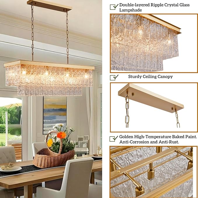 35.4 Inch 11-Light E12 Modern Dining Room Chandelier, Kitchen Island Chandelier Black Rectangular, Water Ripple Glass Adjustable Hanging Ceiling Light Fixture