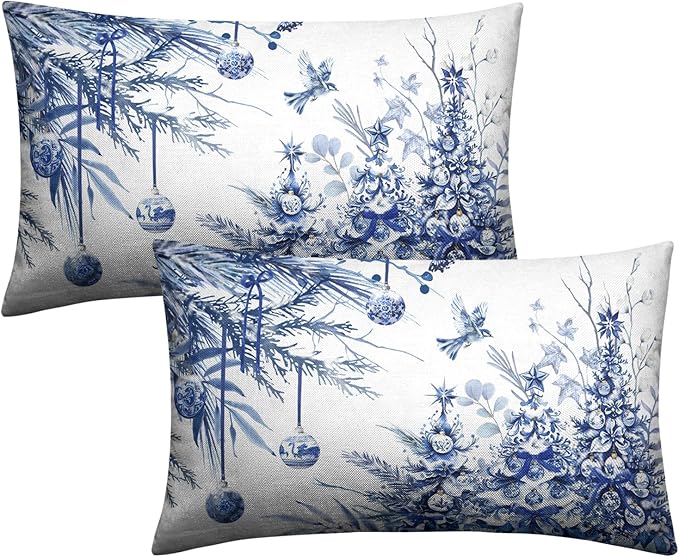 Blue Christmas Lumbar Pillow Covers 12x20 Set of 2 Christmas Xmas Tree Bird Ball Decorative Outdoor Throw Pillow Cases Winter Farmhouse Rectangle Pillowcase for Home Couch Sofa