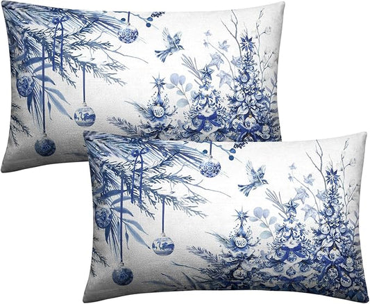 Blue Christmas Lumbar Pillow Covers 12x20 Set of 2 Christmas Xmas Tree Bird Ball Decorative Outdoor Throw Pillow Cases Winter Farmhouse Rectangle Pillowcase for Home Couch Sofa