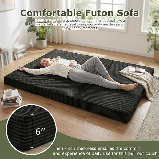 5-in-1 Convertible Sofa Bed, Boneless Couch Loveseat Sleeper with Removable Cushions & Washable Cover, Futon Sofa Bed with Handle, Pull Out Couch for Small Spaces, Full Size, Black