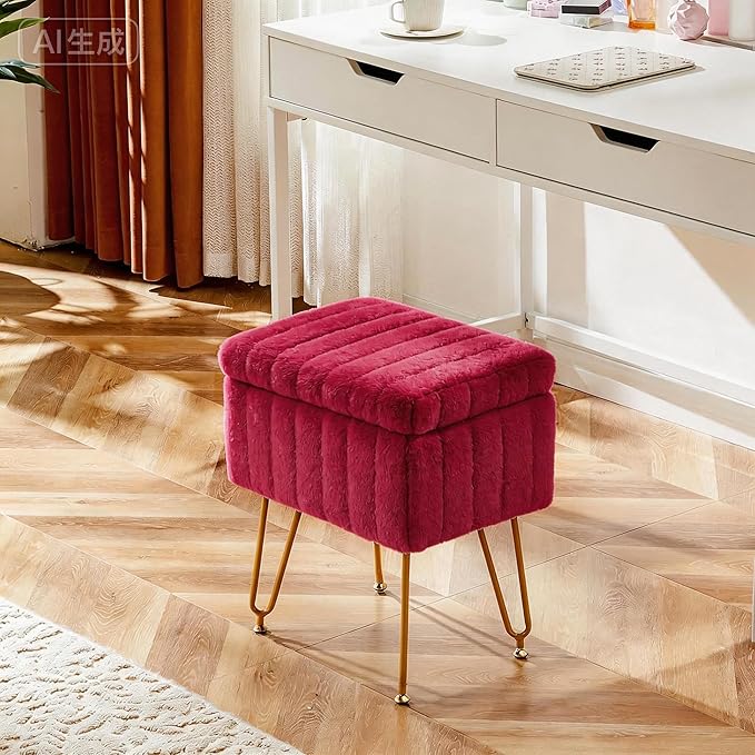 DUMOS Vanity Stool Chair, Ottoman with Storage, Makeup Cute Soft Small Footstool, Modern Style Faux Fur Seat with 4 Metal Legs & Adjustable Feet for Dressing, Living Room, Bedroom, Dorm, Red