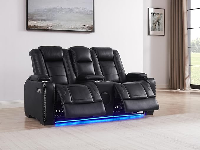 THSUPER Black Leather Power Recliner Sofa Loveseat Sets with Arm Storage and Power Headrest, Leather Living Room Reclining Sofa and Loveseat Set with Cup Holders and Bluetooth Speaker. | Breathable material, LED ambient light, Reading light, Hidden out...