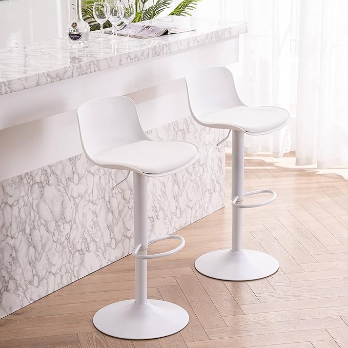 YOUTASTE Modern White Bar Stools Set of 2, Adjustable Swivel Counter Bar Chairs with PU Leather Upholstered Seat, Sturdy Metal Base, Perfect for Kitchen Island, Dining, or Home Bar