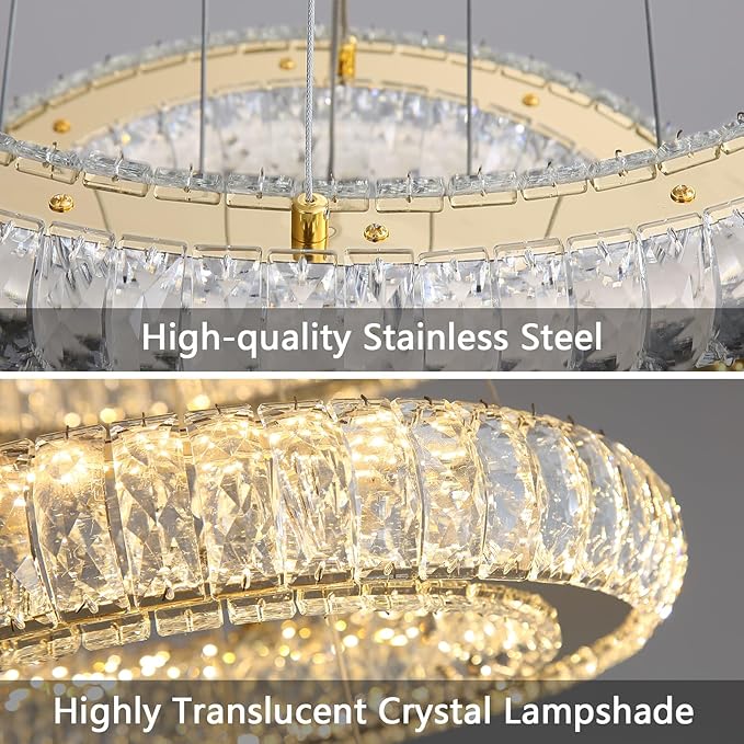 Modern Chandelier Crystal LED Dimmable Ring Pendant Lights Adjustable Hanging Lighting Chandeliers Fixtures for Dining Room Bedroom Kitchen Island Table Gold Light