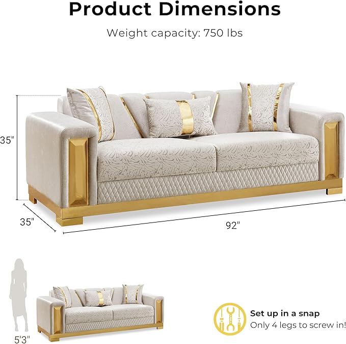 Furniture of America Samison II Glam Solid Wood Upholstered Couch with Accent Pillows, Damask Pattern and Gold Base, Comfortable Sofa for Living Room, Bedroom, Office, Beige