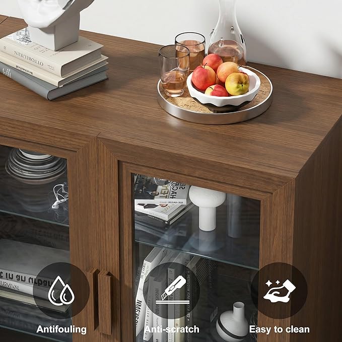 Casaphoria Adam Sideboard Buffet Cabinet with Storage, Display Cabinet with Glass Doors & Adjustable Shelves, 31" W x 31" H Buffet Cabinet for Entryway Kitchen Living Room, Walnut