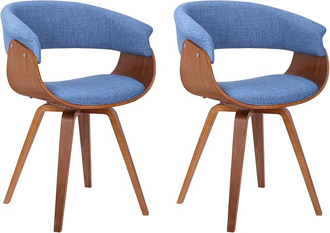 Armen Living Summer Mid-Century Chair in Blue Fabric with Walnut Wood Finish - Set of 2