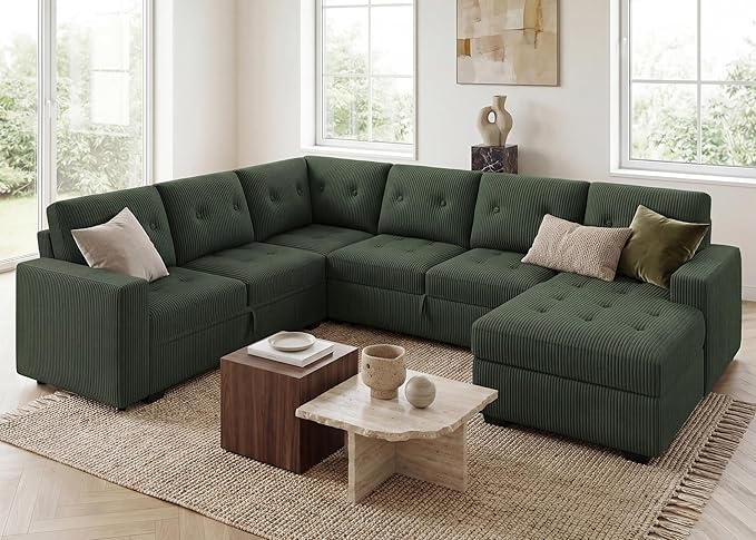 HONBAY Sectional Sleeper Sofa Bed with Storage Chaise, Sleeper Sectional Pull-Out Sofa, Sectional Sleeper Couch for Living Room, Velvet Green
