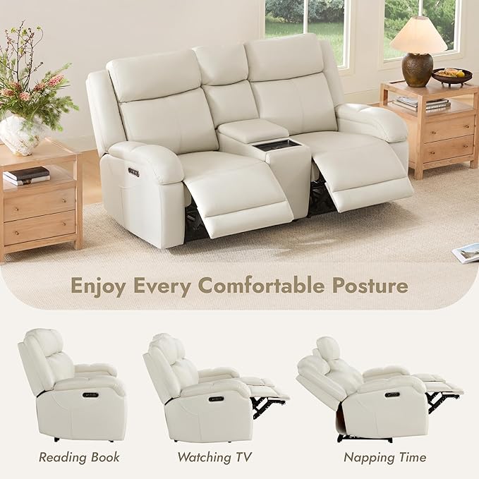Watson & Whitely Genuine Leather Power Loveseat Recliner Sofa, Wall Hugger Loveseat Reclining Sofa with Storage Console, Power Headrest, Cup Holders, Dual Recliners for Living Room, RV, Cream