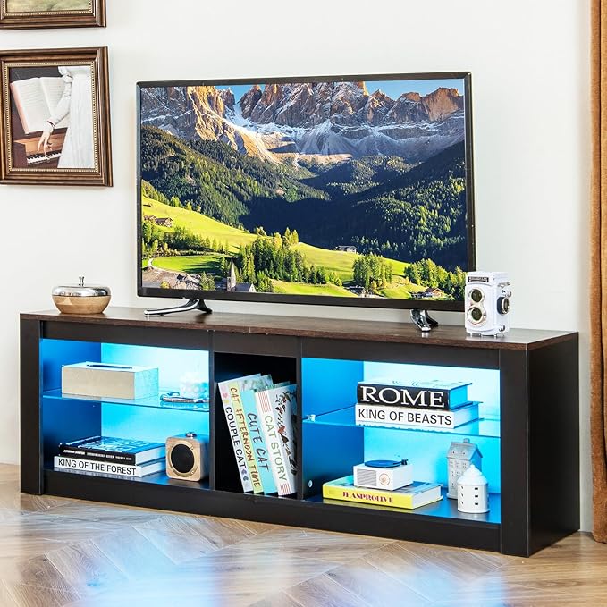 Tangkula LED TV Stand for 65 Inch TVs, Gaming Entertainment Center w/Open Storage, Adjustable Tempered Glass Shelves, Modern Media TV Console Table for Living Room Bedroom (Rustic Brown)