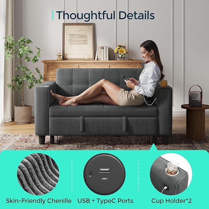 LINSY 54" Pull Out Couch with Charging Station - Sleeper Sofa Bed with Cup Holder, Small 3 in 1 Convertible Loveseat Sleeper Couch for Apartment, Dorm Room, Bedroom and Small Space, Dark Gray