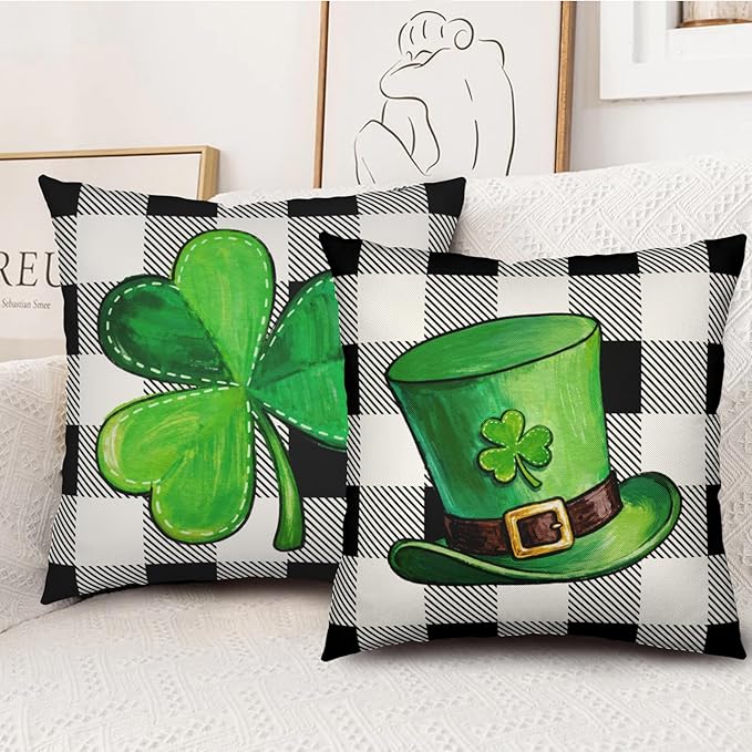 Green Shamrock Hat St Patricks Day Throw Pillow Covers 18x18 Set of 2 Buffalo Plaid Lucky Clovers Decorative Pillowcases St Patrick Outdoor Spring Cushion Covers for Couch Sofa Porch Decor
