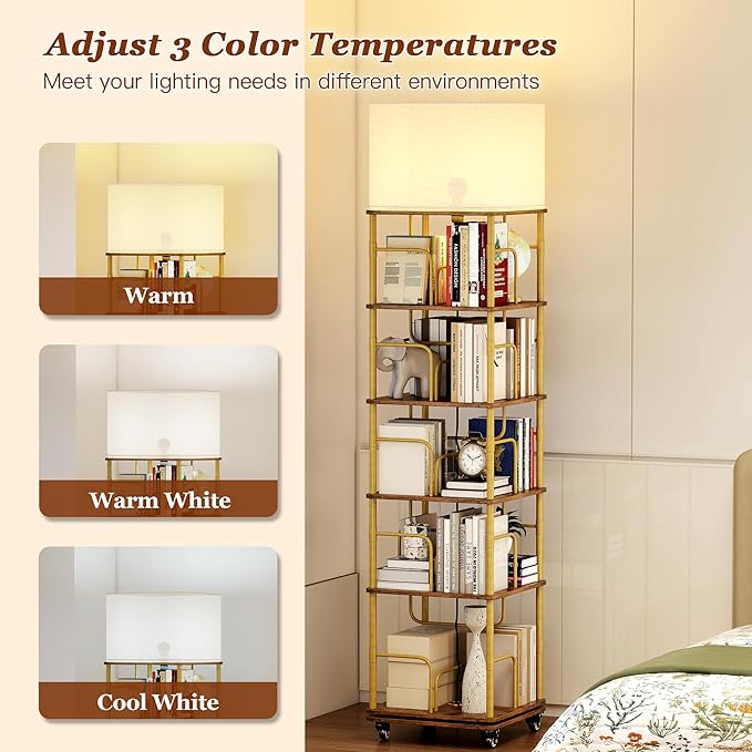5 Tier Rotating Bookshelf with LED Light 360° Swivel Bookcase with Wheels Space-Saving Tall Corner Shelf Square Floor Standing Shelf Metal and Wood Bookshelves for Bedroom Living Room Office